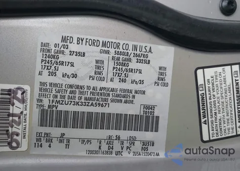 2003 Ford Explorer Nbx/Xlt z USA, uszkodzony, nr VIN 1FMZU73K33ZA59671